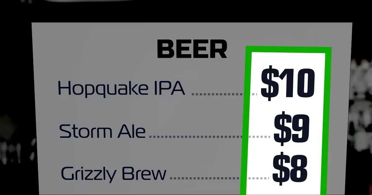 Three beer prices on a menu. $10 is at the top, then $9, then $8