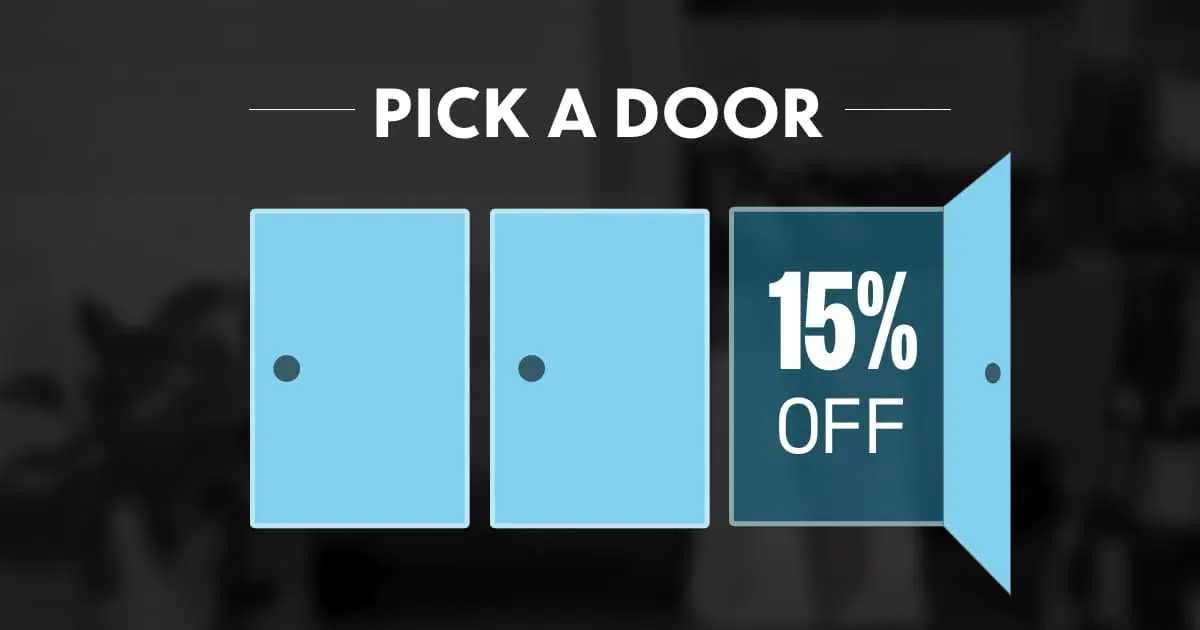 Three doors with the third door being picked and revealing a 15% discount