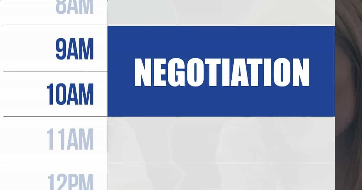 Calendar with "Negotiation" scheduled between 9 and 10am