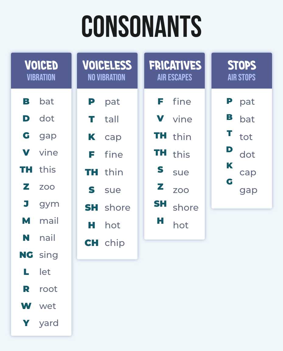 Four types of consonants: voiced has vibrations (e.g., bat, dot, gap), voiceless has no vibration (e.g., pat, tall, cap), fricatives have air that escape (e.g., fine, vine, thin), and stops have air that stops (e.g., pat, bat, tot).