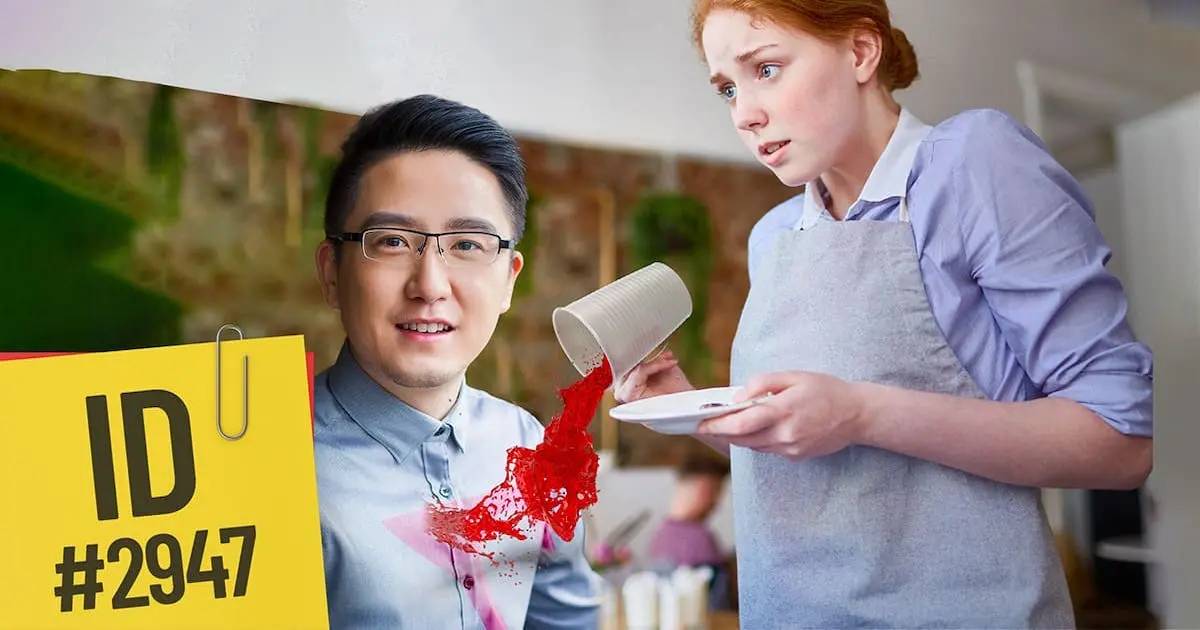 Waitress spilling drink on customer who stays smiling